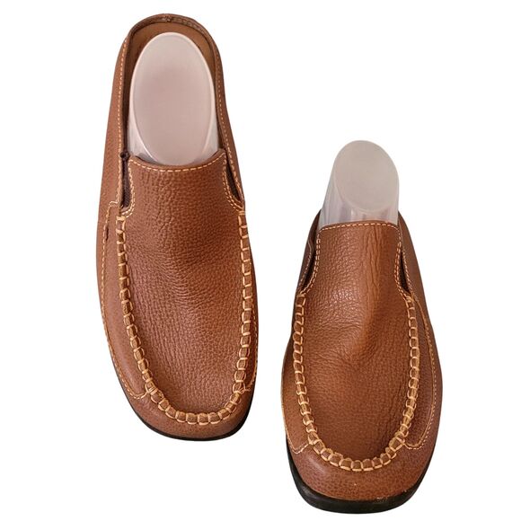Faded Glory Brown Leather Clogs Mules 7 Slip On 1" Heel White Stitching loafer - Picture 1 of 6
